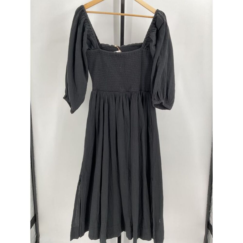 Quince Women's 100% Organic Cotton Gauze Smocked Square Neck Midi Dress Black M